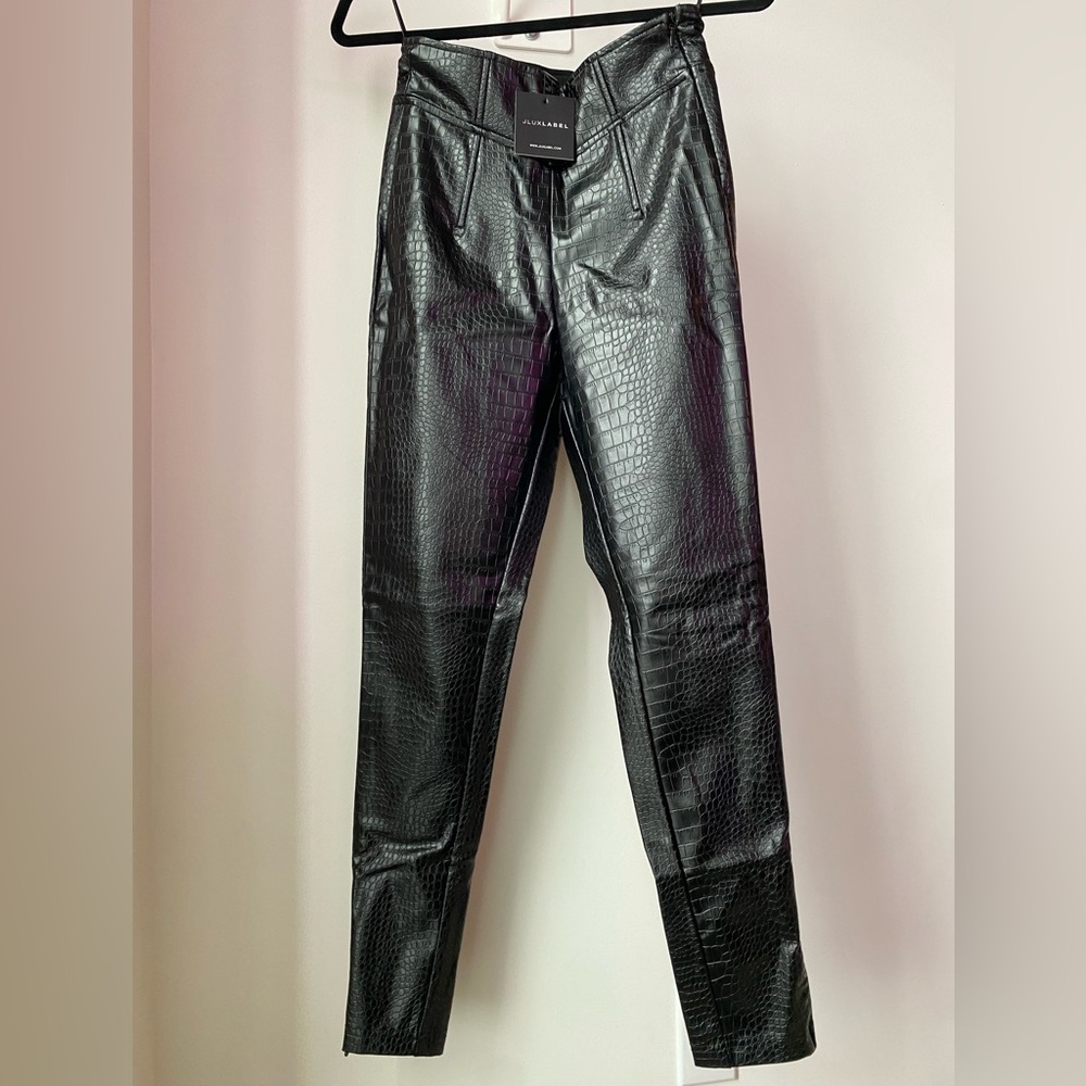 JluxLabel Black Faux Leather Croc Ultra Highwaisted Pants edgy zipper hem
